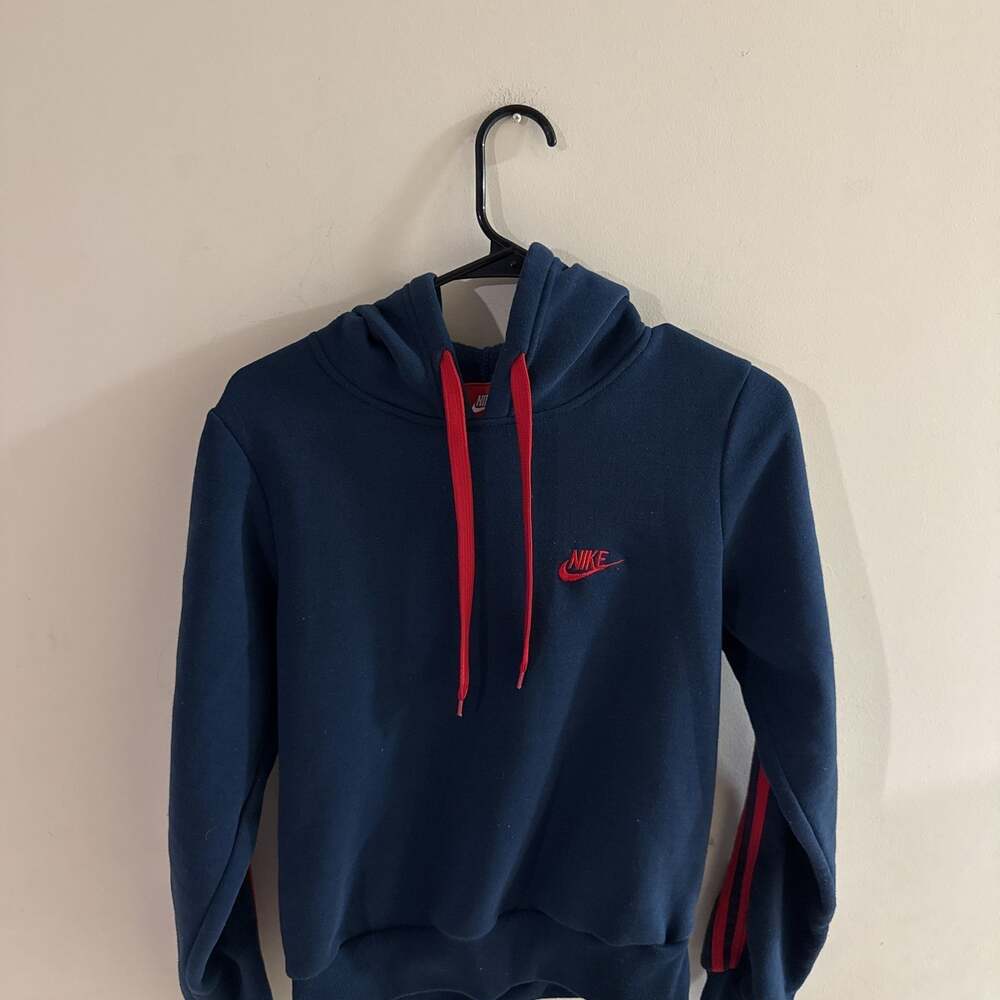 Nike Blue Hoodie with Red Stripes and Drawstring, Women's Small